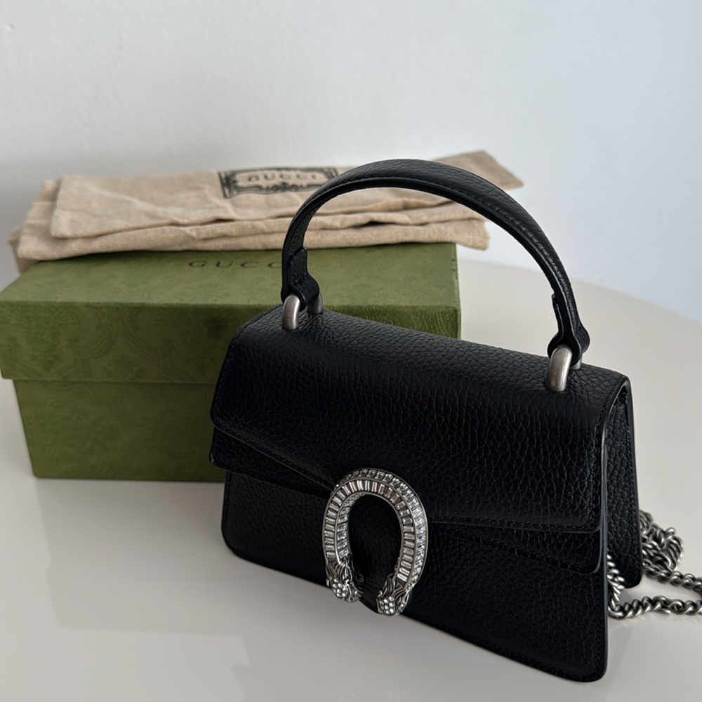 Gucci Black Dionysus Leather Top Handle Bag with Chain Strap, Box, Dust Cover
